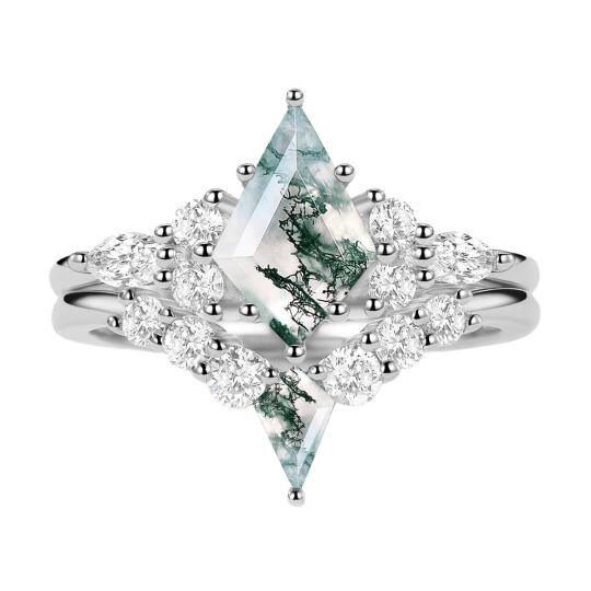 10K White Gold Kite Cut Moissanite & Moss Agate Engagement Ring