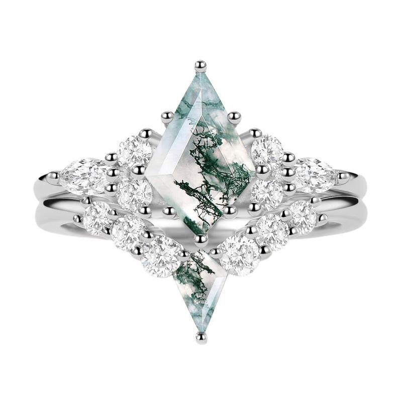 Anillo de Compromiso de Oro Blanco de 14 Quilates con Moissanita en Forma de Cometa y Ágata Musgo-18