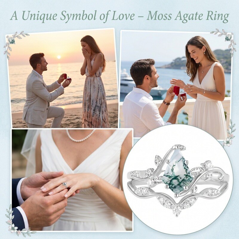 18K White Gold Kite Cut Moissanite & Moss Agate Engagement Ring-2