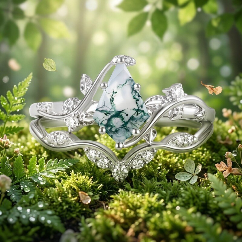 18K White Gold Kite Cut Moissanite & Moss Agate Engagement Ring-3