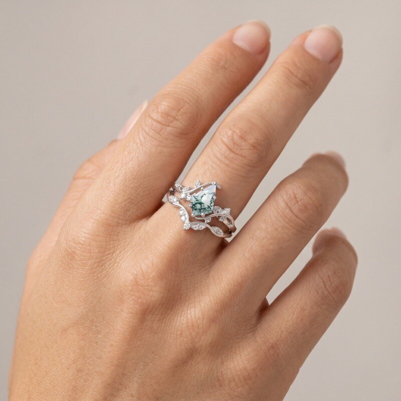18K White Gold Kite Cut Moissanite & Moss Agate Engagement Ring-4