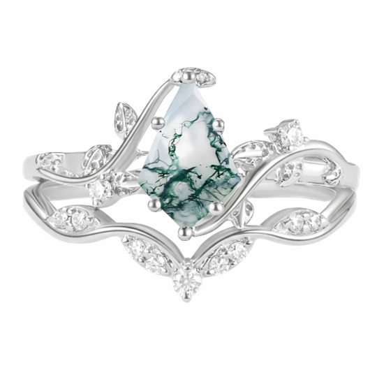 10K White Gold Kite Cut Moissanite & Moss Agate Engagement Ring