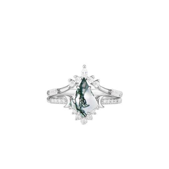 10K White Gold Kite Cut Moss Agate Custom Engagement Ring for Women