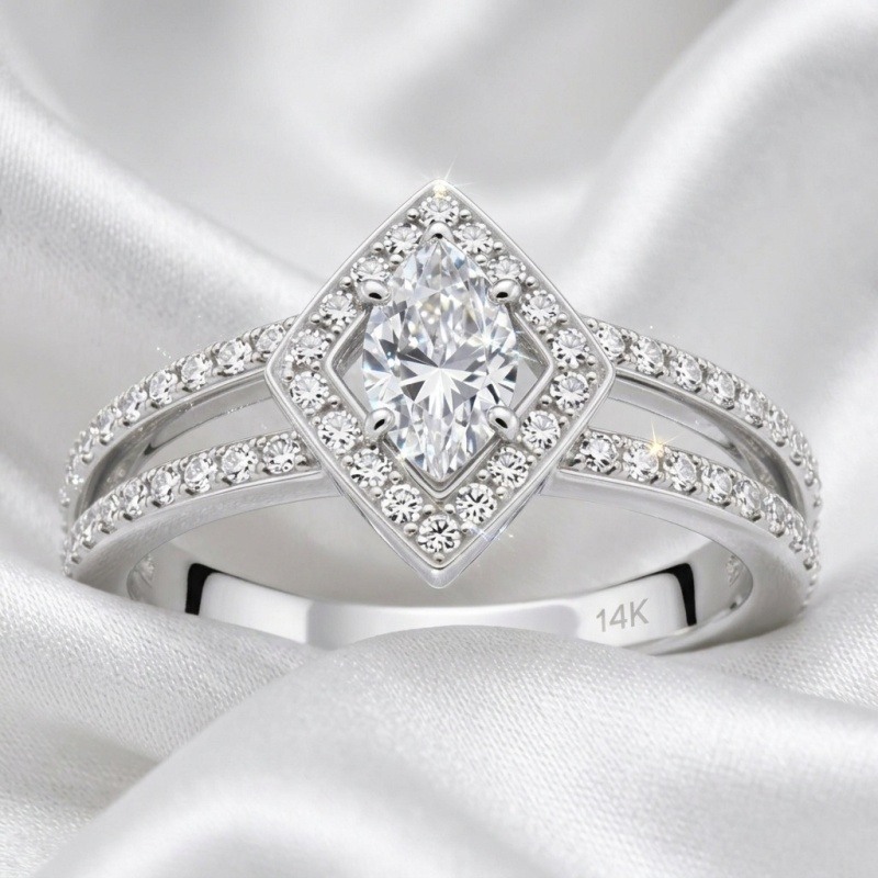 14K White Gold Marquise Cut Moissanite Engagement Ring-3