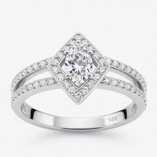 Anillo de compromiso de oro blanco de 14 quilates con moissanita talla marquesa