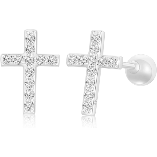 Brincos cruz em ouro branco 14K com moissanita