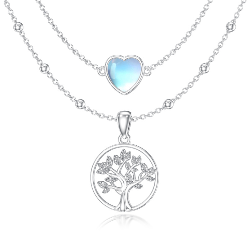 Collier à plusieurs rangs en argent sterling avec pierre de lune, arbre de vie et cœur-1