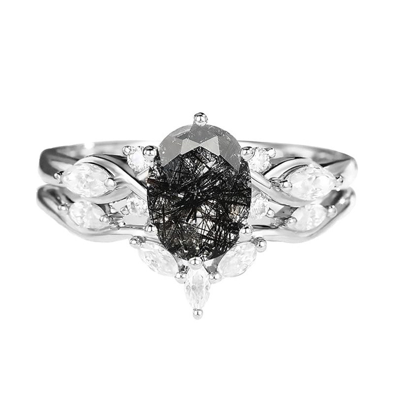10K White Gold Oval-Cut Black Rutilated Quartz Moissanite Engagement Ring-1
