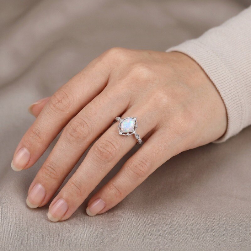 10K White Gold Oval Cut Opal Engagement Ring-2