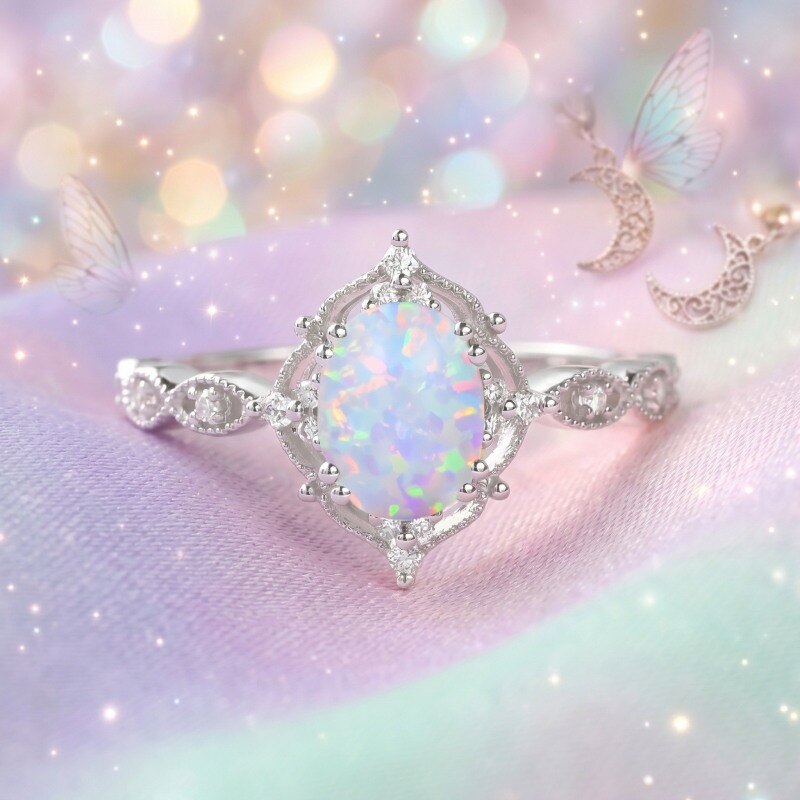 10K White Gold Oval Cut Opal Engagement Ring-3
