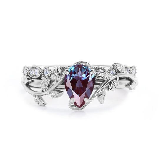 14K White Gold Pear Cut Moissanite & Alexandrite Ivy Bridal Set