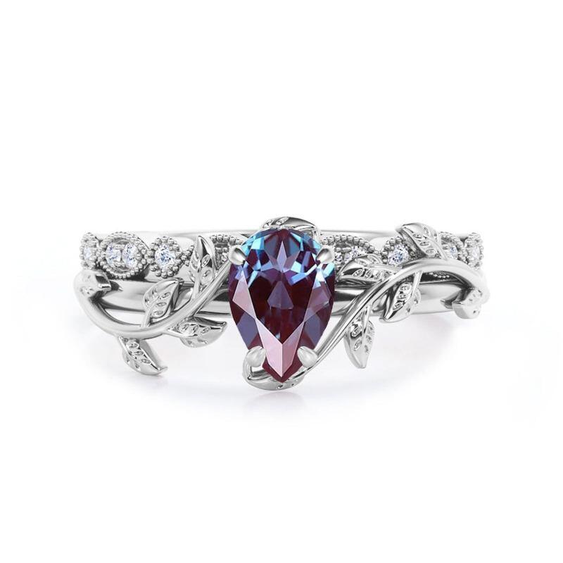 14K White Gold Pear Cut Moissanite & Alexandrite Ivy Bridal Set-7