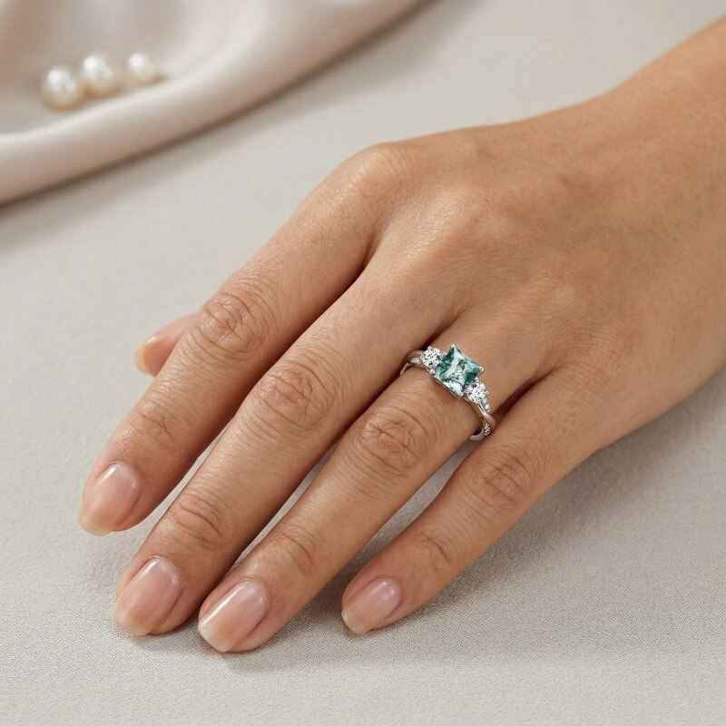 14K White Gold Princess Cut Moissanite & Moss Agate Engagement Ring-2