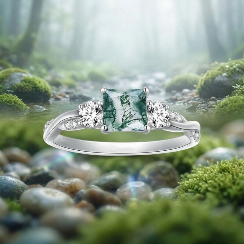 14K White Gold Princess Cut Moissanite & Moss Agate Engagement Ring-3