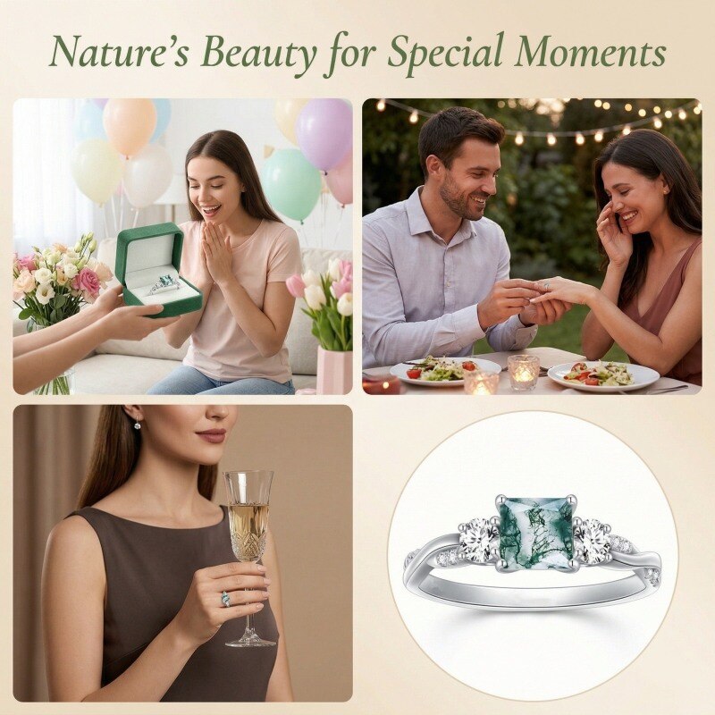 14K White Gold Princess Cut Moissanite & Moss Agate Engagement Ring-4