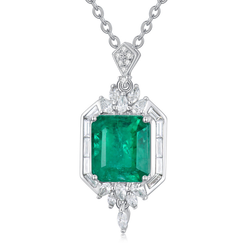 Collier pendentif carré en or blanc 10 carats avec diamant et émeraude taille princesse-1