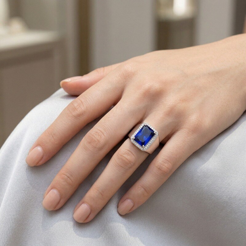 10K White Gold Radiant Cut Sapphire Ring for Men-2