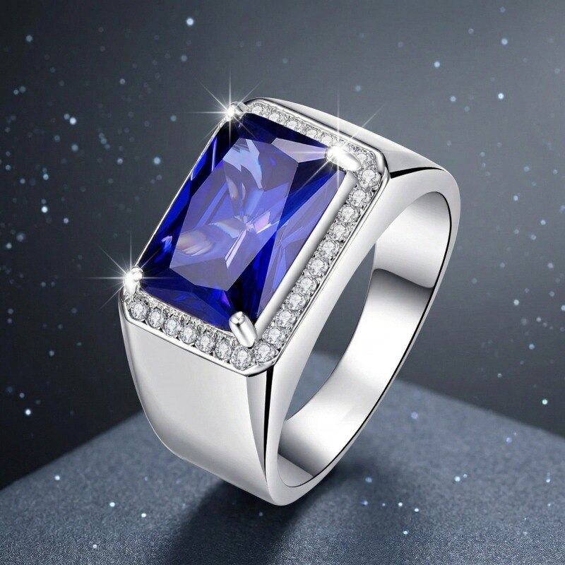 10K White Gold Radiant Cut Sapphire Ring for Men-3