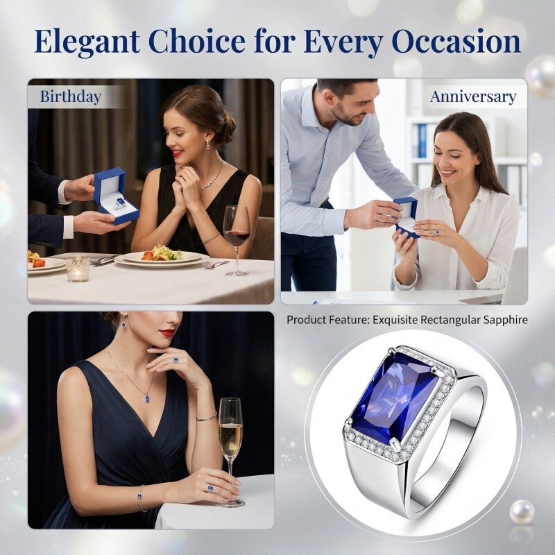 10K White Gold Radiant Cut Sapphire Ring for Men-4