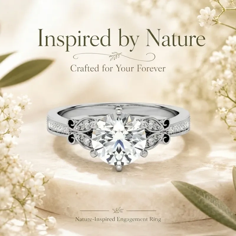 Bague de fiançailles personnalisée en or blanc 10 carats avec diamant rond de laboratoire, motif papillon inspiré de la nature-7