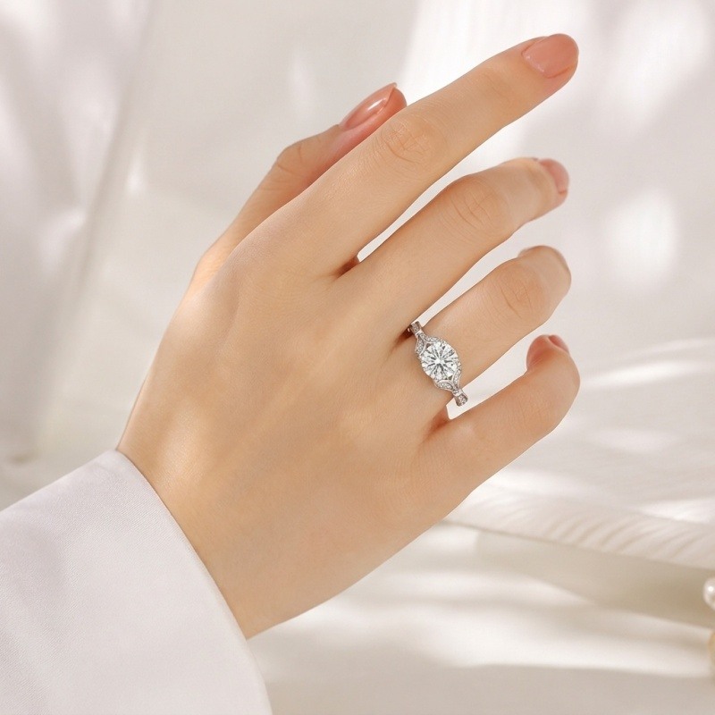 Anillo de compromiso personalizado inspirado en la naturaleza, con diamante cultivado en laboratorio de talla redonda en oro blanco de 18 quilates.-2