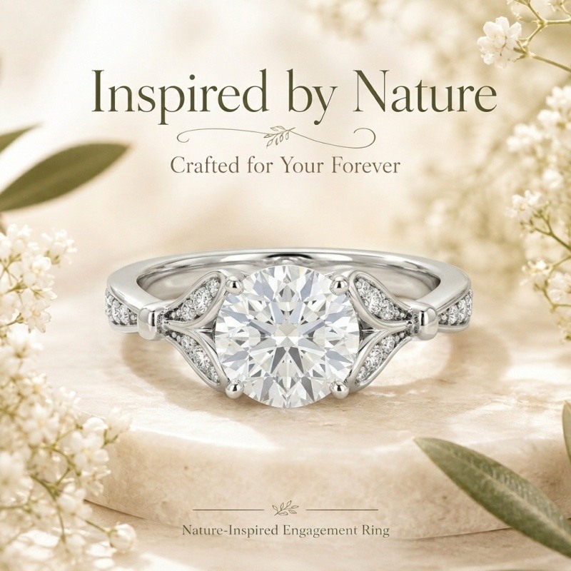 Anillo de compromiso personalizado inspirado en la naturaleza, con diamante cultivado en laboratorio de talla redonda en oro blanco de 18 quilates.-4