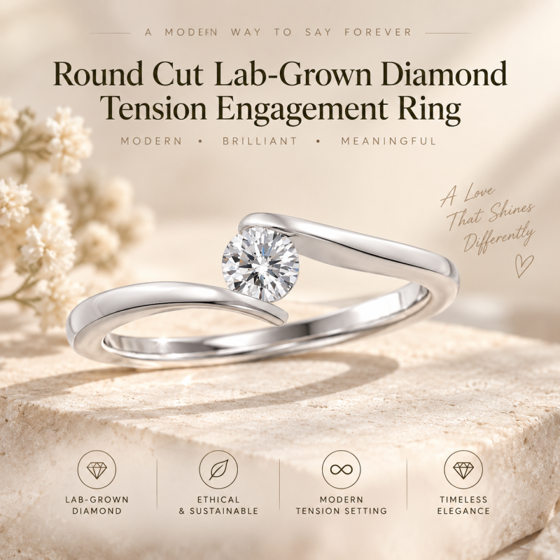 Anillo de compromiso de oro blanco de 14 quilates con diamante redondo cultivado en laboratorio engastado a tensión.-5