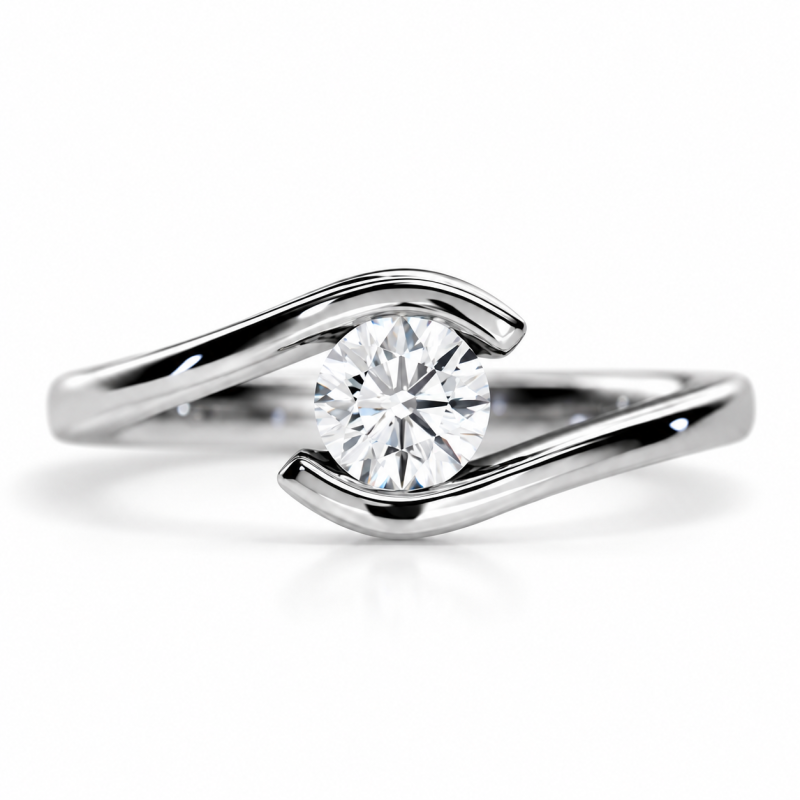 Anillo de compromiso de oro blanco de 10 quilates con diamante redondo cultivado en laboratorio engastado a tensión.-1