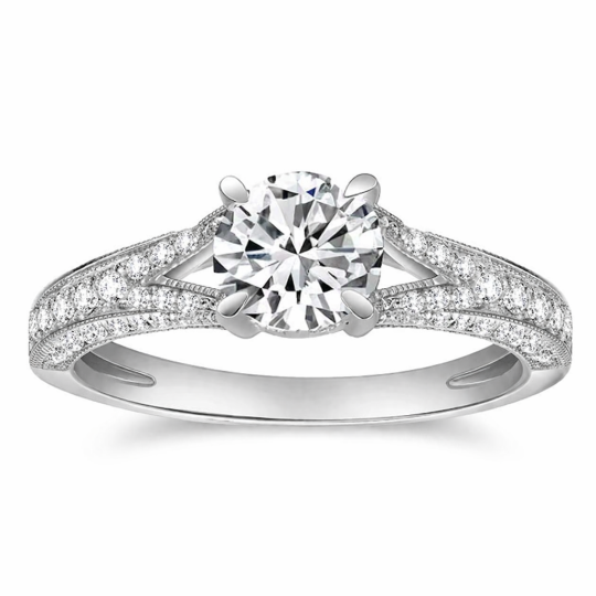 Anneau de fiançailles en moissanite taillé rond en or blanc 14K