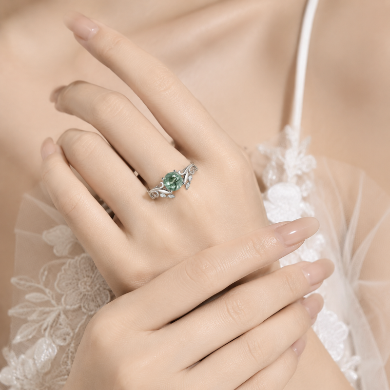 Anillo de compromiso personalizado inspirado en la naturaleza, de oro blanco de 14 quilates, con ágata musgosa de talla redonda y diamante cultivado en laboratorio.-2