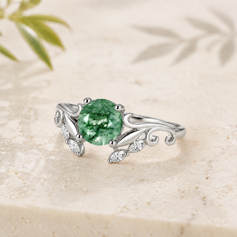 Anillo de compromiso personalizado inspirado en la naturaleza, de oro blanco de 14 quilates, con ágata musgosa de talla redonda y diamante cultivado en laboratorio.-3