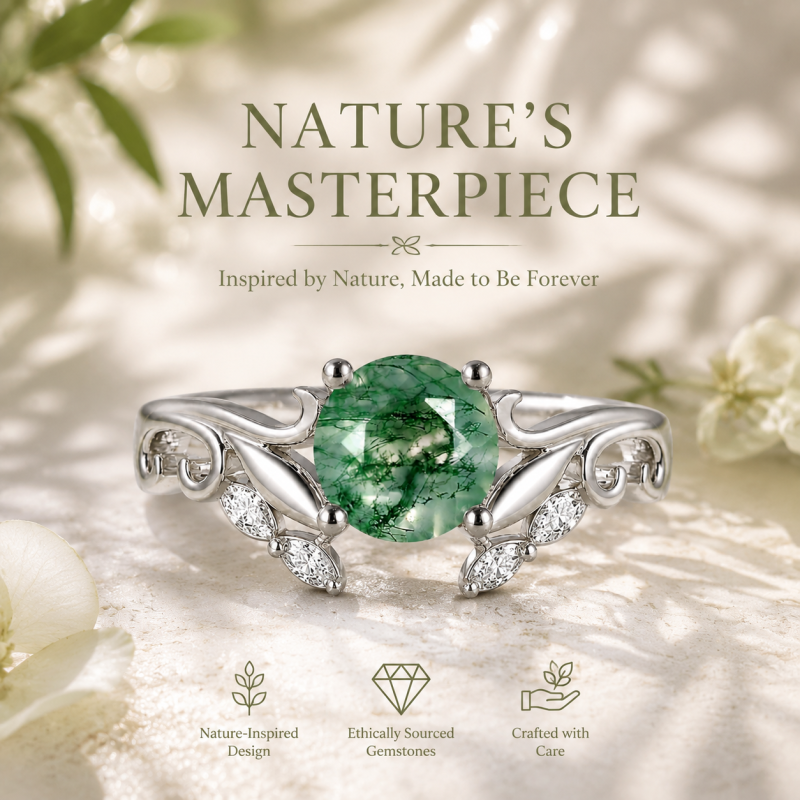 Anillo de compromiso personalizado inspirado en la naturaleza, de oro blanco de 14 quilates, con ágata musgosa de talla redonda y diamante cultivado en laboratorio.-4