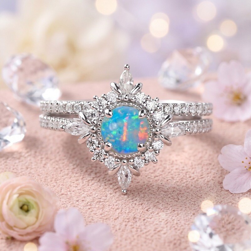 10K White Gold Round Cut Opal Custom Engagement Ring-3