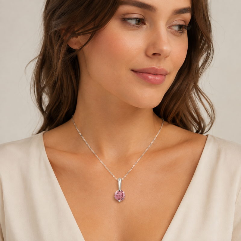 Collares de oro blanco de 18 quilates con diamantes rosas cultivados en laboratorio de talla redonda de 1 quilate.-2