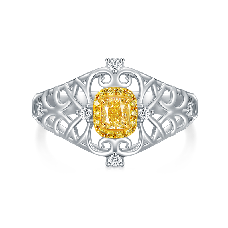 Anillo clásico personalizado con nombre en oro blanco de 14 quilates con brocado amarillo-1