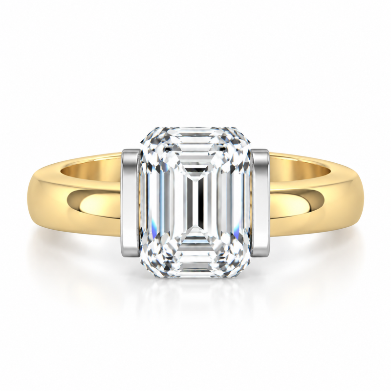 Anillo de compromiso de oro blanco y amarillo de 18 quilates con diamante cultivado en laboratorio de talla esmeralda engastado a tensión.-1