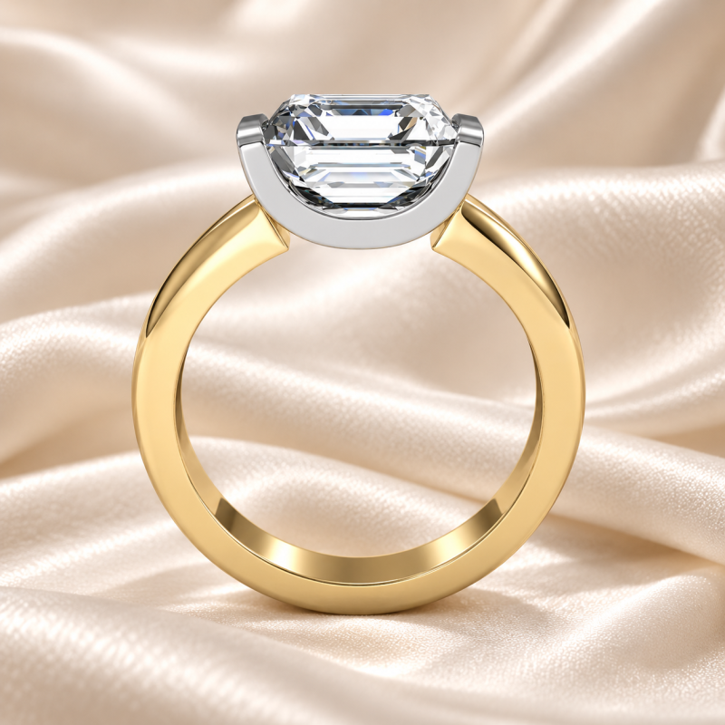 Anillo de compromiso de oro blanco y amarillo de 18 quilates con diamante cultivado en laboratorio de talla esmeralda engastado a tensión.-4