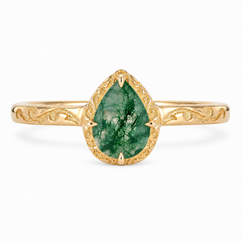 Verlobungsring aus Sterlingsilber mit gelbvergoldeter Fassung und birnenförmigem Moosachat (1 bis 6 Karat), inspiriert von der Natur-20
