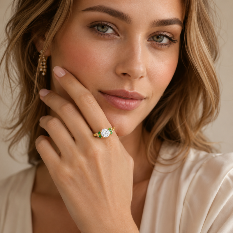 14K Gold 1 to 6 CT Round Cut Moissanite & Lab-Grown Emerald Sidestone Natural Inspired Engagement Ring-2
