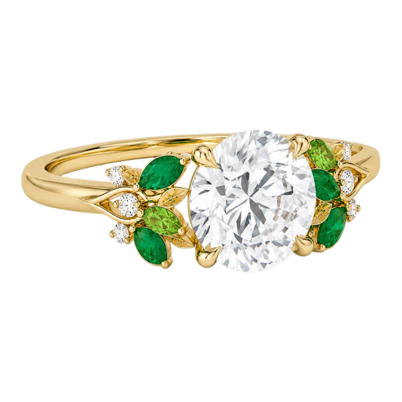 14K Gold 1 to 6 CT Round Cut Moissanite & Lab-Grown Emerald Sidestone Natural Inspired Engagement Ring-3