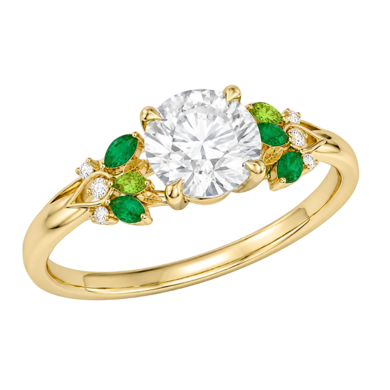 14K Gold 1 to 6 CT Round Cut Moissanite & Lab-Grown Emerald Sidestone Natural Inspired Engagement Ring-4