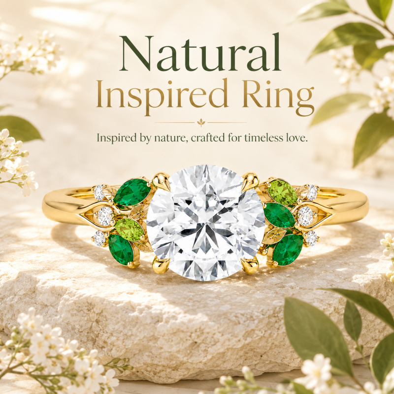 14K Gold 1 to 6 CT Round Cut Moissanite & Lab-Grown Emerald Sidestone Natural Inspired Engagement Ring-5