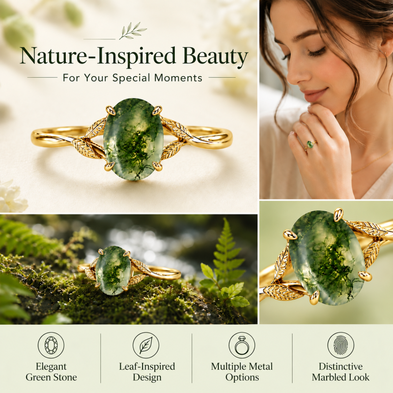 Verlobungsring mit ovalem Moosachatblatt (1–6 Karat), Natur-inspiriert, in 10-karätigem Roségold-5