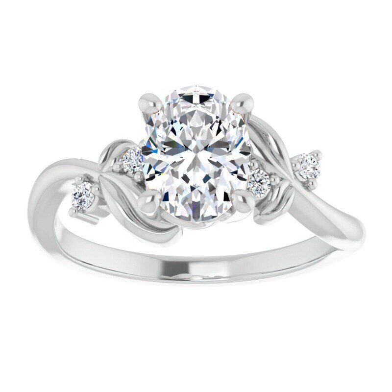 Anillo de compromiso personalizado de oro blanco de 10 quilates con diamante cultivado en laboratorio de talla ovalada y diseño de rosa inspirado en la naturaleza.-12