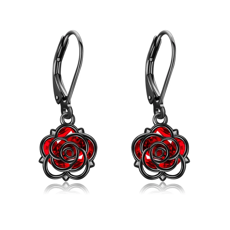 Sterling Silver with Black Rhodium Color Cubic Zirconia Rose Drop Earrings for Women-1