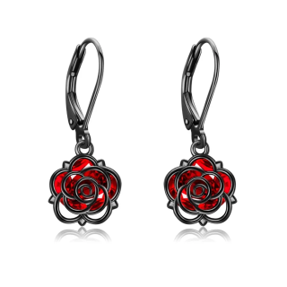 Sterling Silver with Black Rhodium Color Cubic Zirconia Rose Drop Earrings for Women-7