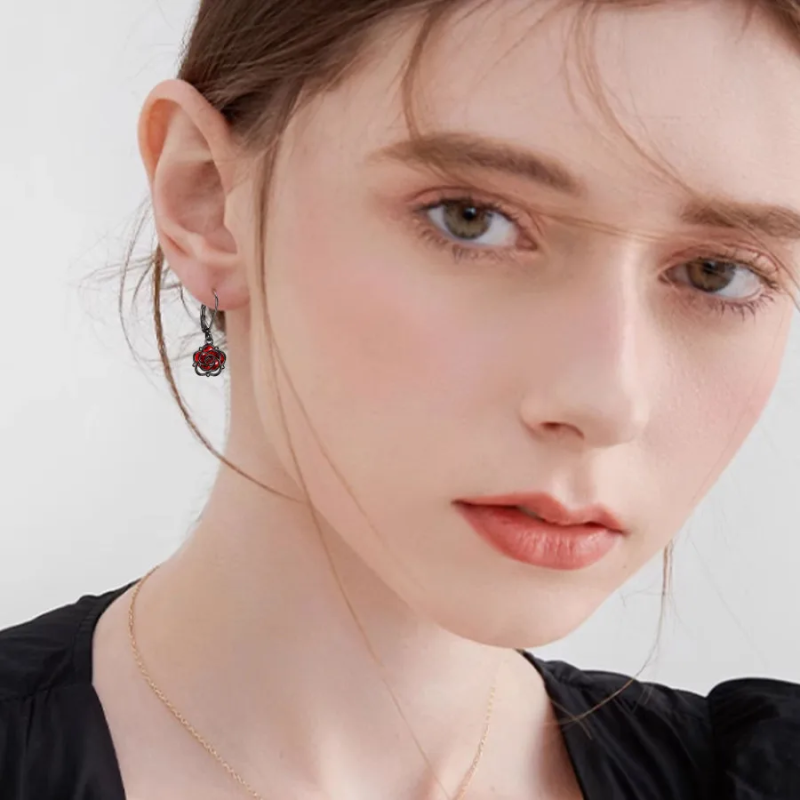 Brincos de prata esterlina com ródio negro e zircónias cúbicas em forma de rosa para mulhe-2