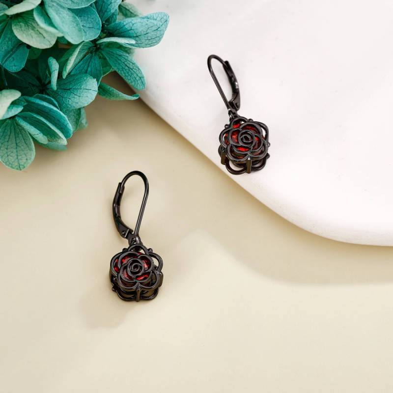 Brincos de prata esterlina com ródio negro e zircónias cúbicas em forma de rosa para mulhe-3