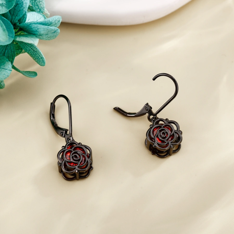 Brincos de prata esterlina com ródio negro e zircónias cúbicas em forma de rosa para mulhe-4