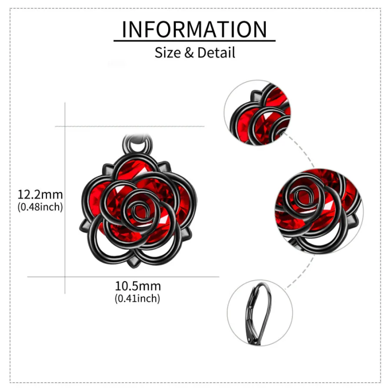 Brincos de prata esterlina com ródio negro e zircónias cúbicas em forma de rosa para mulhe-5